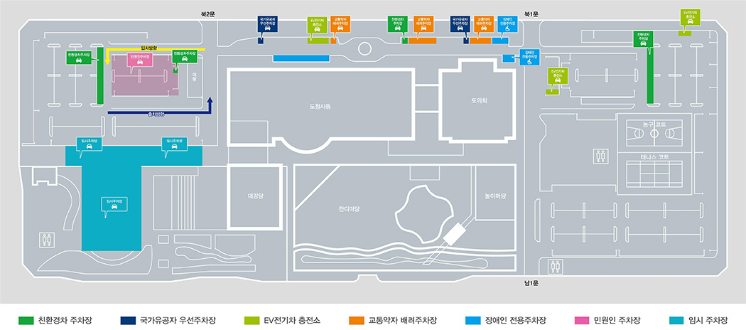 친환경차 주차장, 국가유공자 우선주차장, EV전기차 충전소, 교통약자 배려주차장, 장애인 전용주차장, 민원인 주차장, 임시주차장