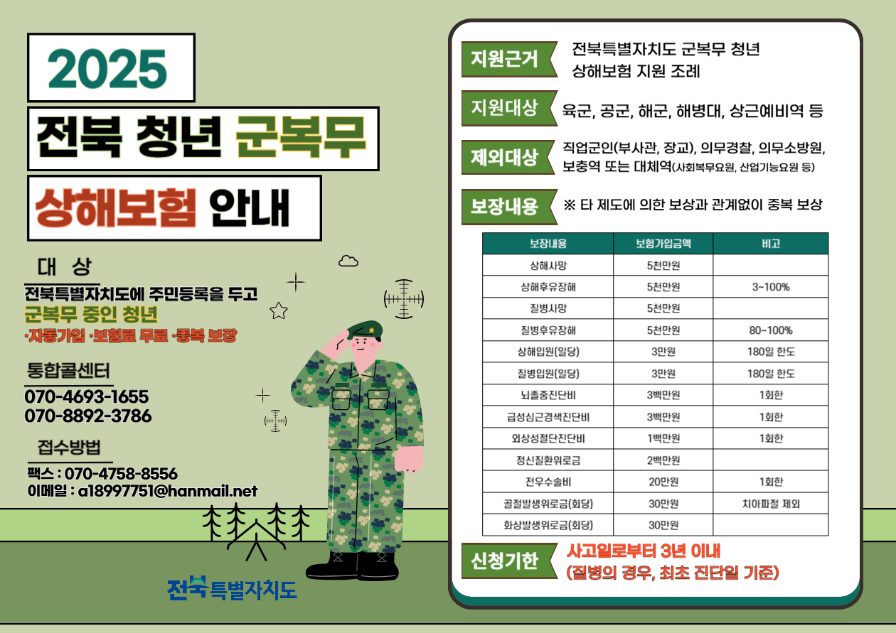 2025년 전북 청년 군복무 상해보험 안내 1번째 이미지