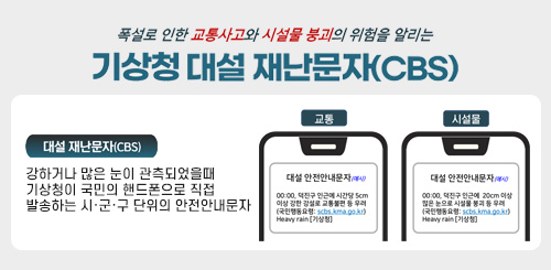 기상청 대설 재난문자(CBS)
강하거나 많은 눈이 관측되었을때 기상청이 국민의 핸드폰으로 직접 발송하는 시·군·구 단위의 안전안내문자 기상청 대설 재난문자(CBS)
강하거나 많은 눈이 관측되었을때 기상청이 국민의 핸드폰으로 직접 발송하는 시·군·구 단위의 안전안내문자