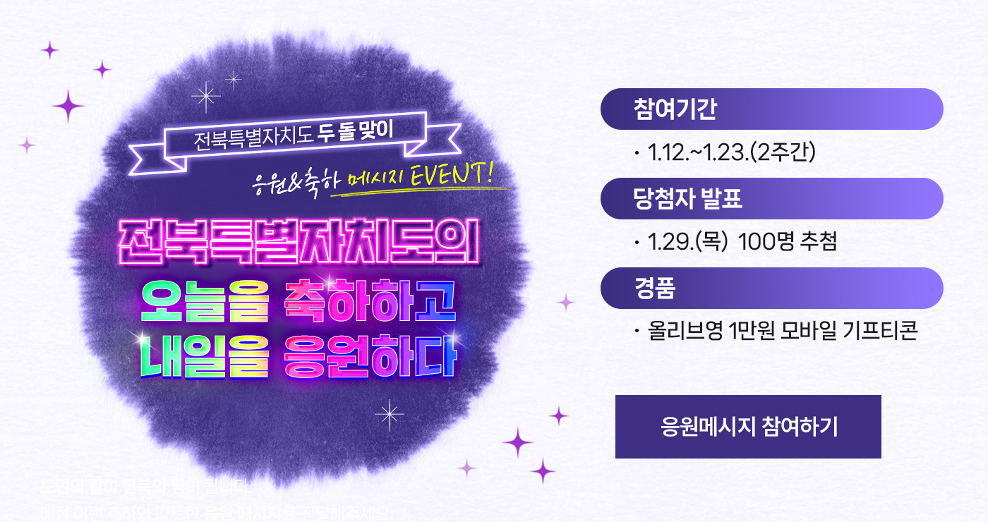 전북특별자치도 두 돌 맞이
응원&축하 메시지 EVENT!
전북특별자치도의
오늘을 축하하고
내일을 응원하다
참여기간: 1. 12. ~ 1. 23.(2주간)
당첨자발표: 1. 29.(목) 100명 추첨
경품: 올리브영 1만원 모바일 기프티콘

응원메시지 참여하기