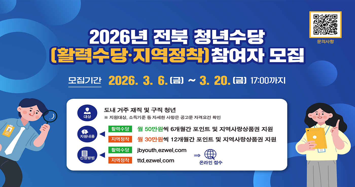2026년 전북 청년수당 
(활력수당·지역정착)참여자 모집

2026년 전북 청년수당 참여자 모집 문의사항 QR코드

모집기간 : 2026. 3. 6.(금) ~ 3. 20.(금) 17:00까지

대상
도내 거주 재직 및 구직 청년
※ 지원대상, 소득기준 등 자세한 사항은 공고문 자격요건 확인

지원내용
활력수당 : 월 50만원씩 6개월간 포인트 및 지역사랑상품권 지원
지역정착 : 월 30만원씩 12개월간 포인트 및 지역사랑상품권 지원

신청방법
활력수당 : jbyouth.ezwel.com → 온라인 접수
지역정착 : ttd.ezwel.com → 온라인 접수