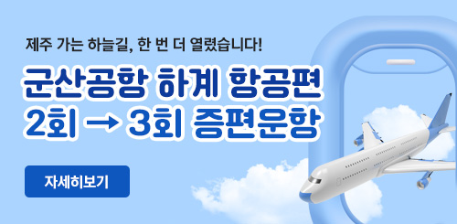 제주 가는 하늘길, 한 번 더 열렸습니다
군산공항 하계 항공편
2회 → 3회 증편운항 제주 가는 하늘길, 한 번 더 열렸습니다
군산공항 하계 항공편
2회 → 3회 증편운항