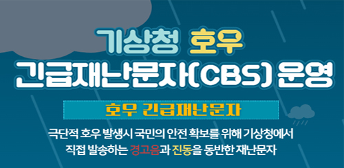 기상청 호우 긴급재난문자(CBS) 운영

호우 긴급재난문자

극단적 호우 발생시 국민의 안전 확보를 위해 기상청에서
직접 발송하는 경고음과 진동을 동반한 재난문자