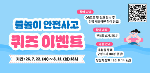물놀이 안전사고 퀴즈 이벤트
기간 : 26.7.22.(수) ~ 8.11.(화) 18시
참여방법 : QR코드 및 링크 접속후 정답 제출하면 참여완료!
참여대상 : 전북특별자치도민
경품안내 : 추첨을 통해 구명조끼 80명 증정!
당첨자 발표 : 26.8.14.(금) 물놀이 안전사고 퀴즈 이벤트
기간 : 26.7.22.(수) ~ 8.11.(화) 18시
참여방법 : QR코드 및 링크 접속후 정답 제출하면 참여완료!
참여대상 : 전북특별자치도민
경품안내 : 추첨을 통해 구명조끼 80명 증정!
당첨자 발표 : 26.8.14.(금)